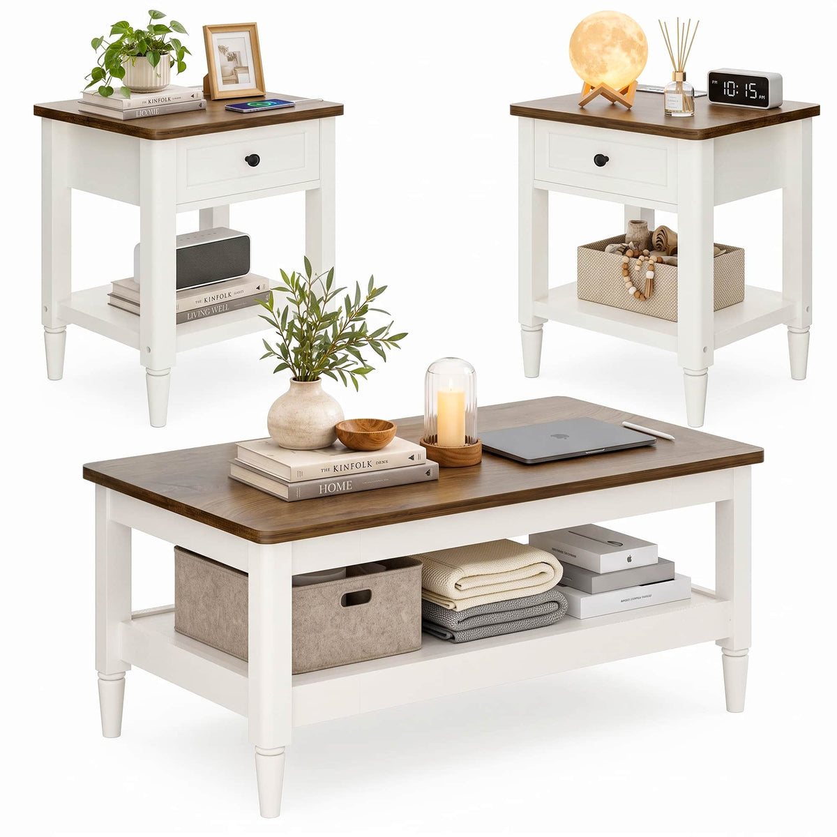 Farmhouse Coffee Table and End Table Set of 3, 40" Coffee Table with Storage & 2 End Tables with Charging Station, Living Room Table Set
