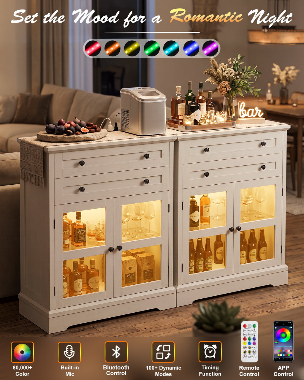 41" Tall Buffet Cabinet with Storage, Modern Farmhouse Sideboard Coffee Bar Cabinet with Built-in Power Outlets & RGB LED Lights, Small Kitchen Accent Cabinet with Glass Doors, 31.5" W, Black