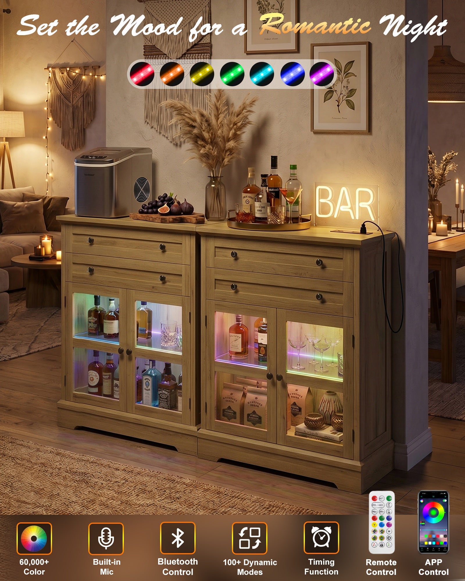 41" Tall Buffet Cabinet with Storage, Modern Farmhouse Sideboard Coffee Bar Cabinet with Built-in Power Outlets & RGB LED Lights, Small Kitchen Accent Cabinet with Glass Doors, 31.5" W, Black