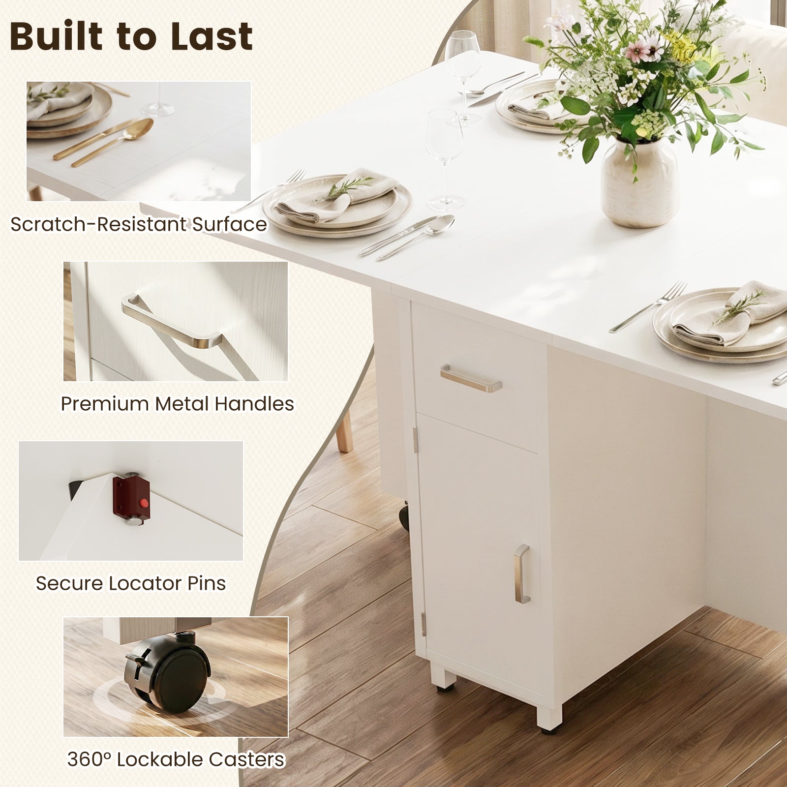 Folding Dining Table, Drop Leaf Convertible Kitchen Table for Small Spaces, Wooden Expandable Dinner Table with 1 Drawer & 2-Tier Storage Shelves, 3 Modes Multi-Use, White