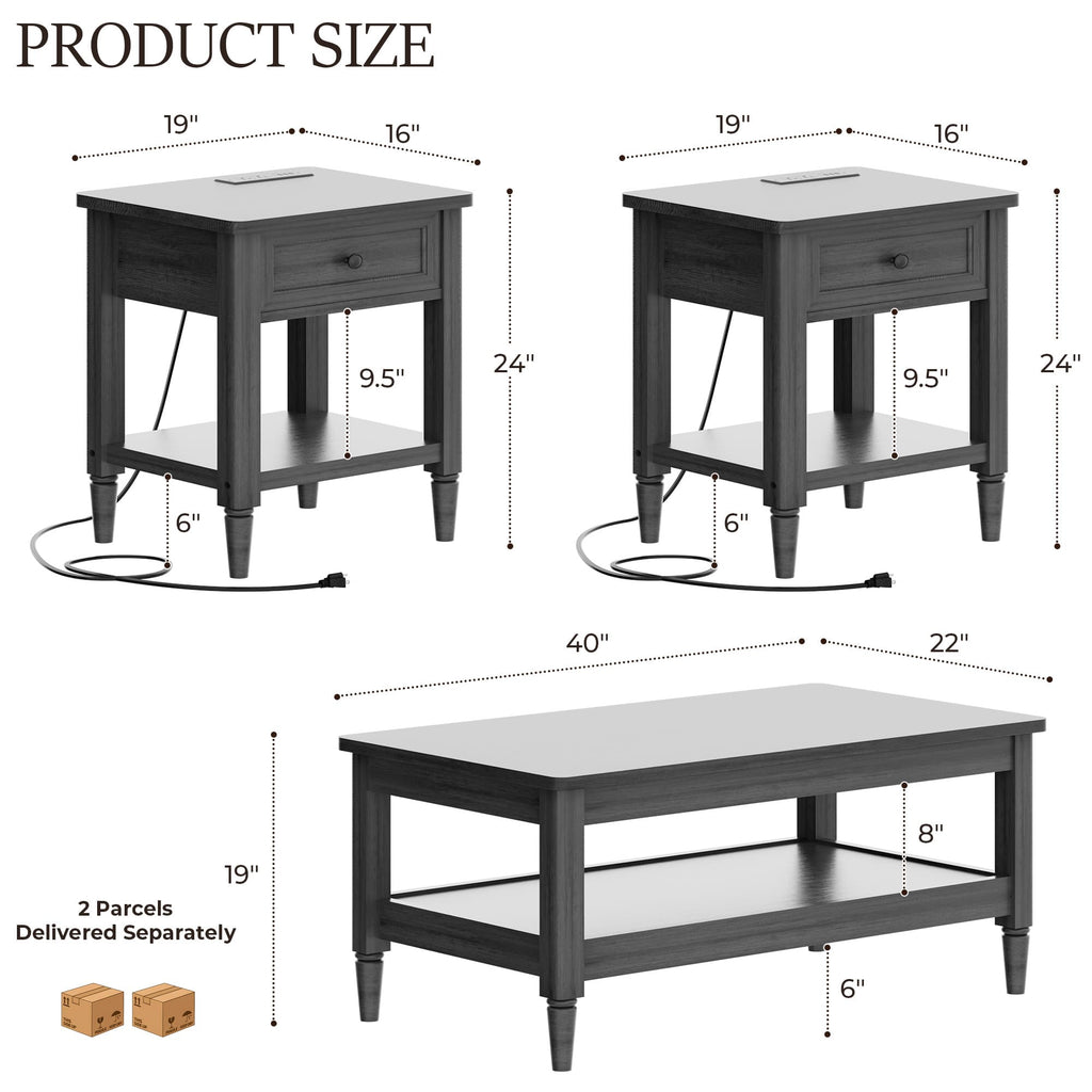 Farmhouse Coffee Table and End Table Set of 3, 40" Coffee Table with Storage & 2 End Tables with Charging Station, Living Room Table Set