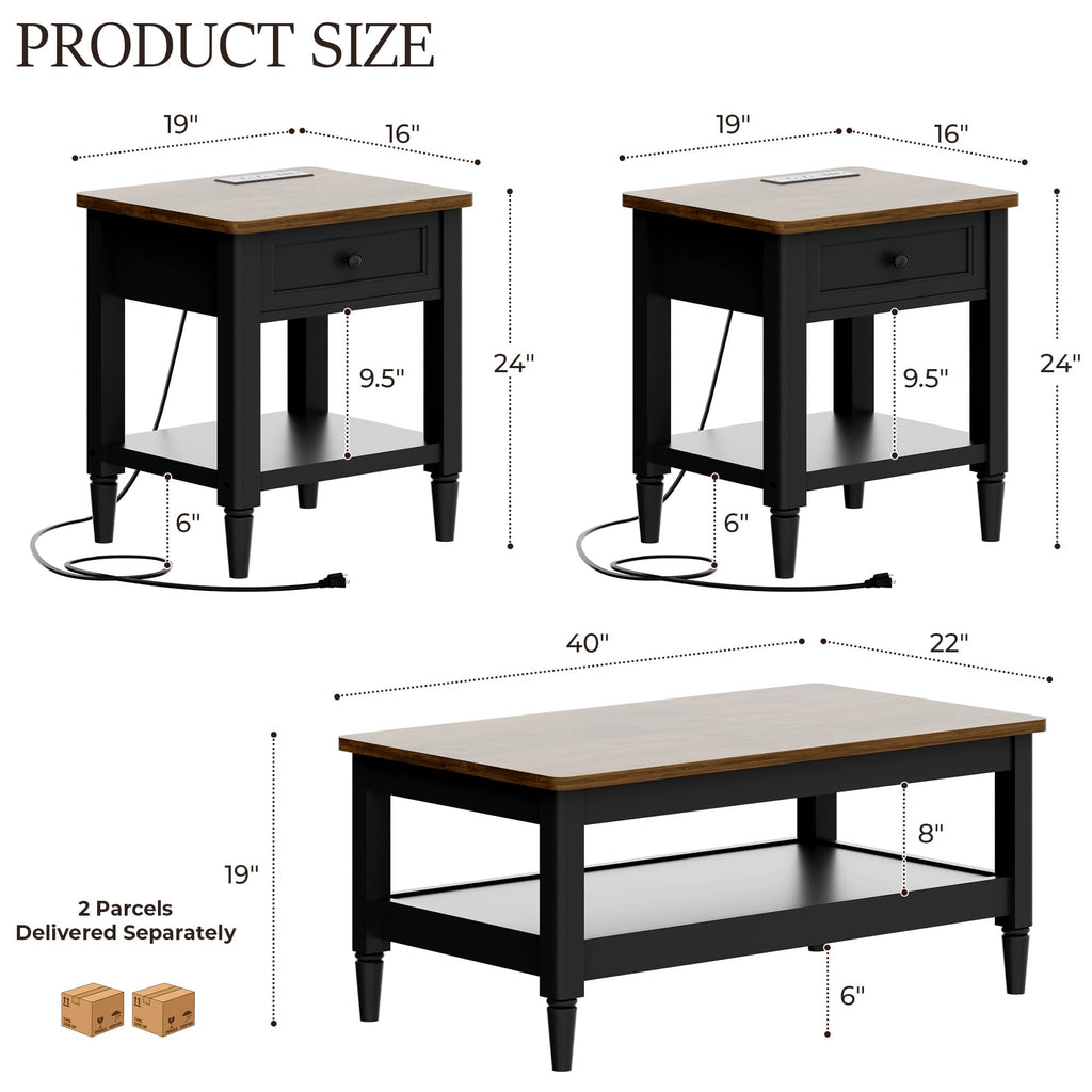 Farmhouse Coffee Table and End Table Set of 3, 40" Coffee Table with Storage & 2 End Tables with Charging Station, Living Room Table Set