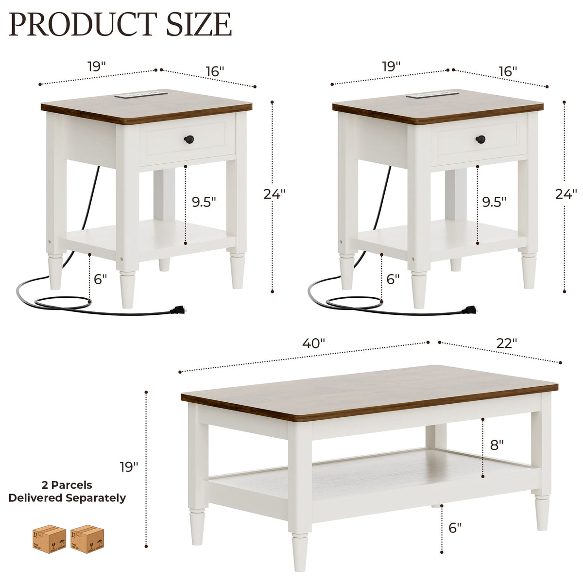 Farmhouse Coffee Table and End Table Set of 3, 40" Coffee Table with Storage & 2 End Tables with Charging Station, Living Room Table Set
