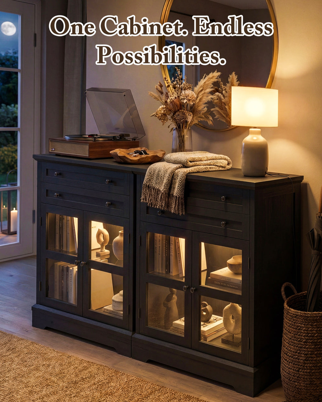 41" Tall Buffet Cabinet with Storage, Modern Farmhouse Sideboard Coffee Bar Cabinet with Built-in Power Outlets & RGB LED Lights, Small Kitchen Accent Cabinet with Glass Doors, 31.5" W, Black
