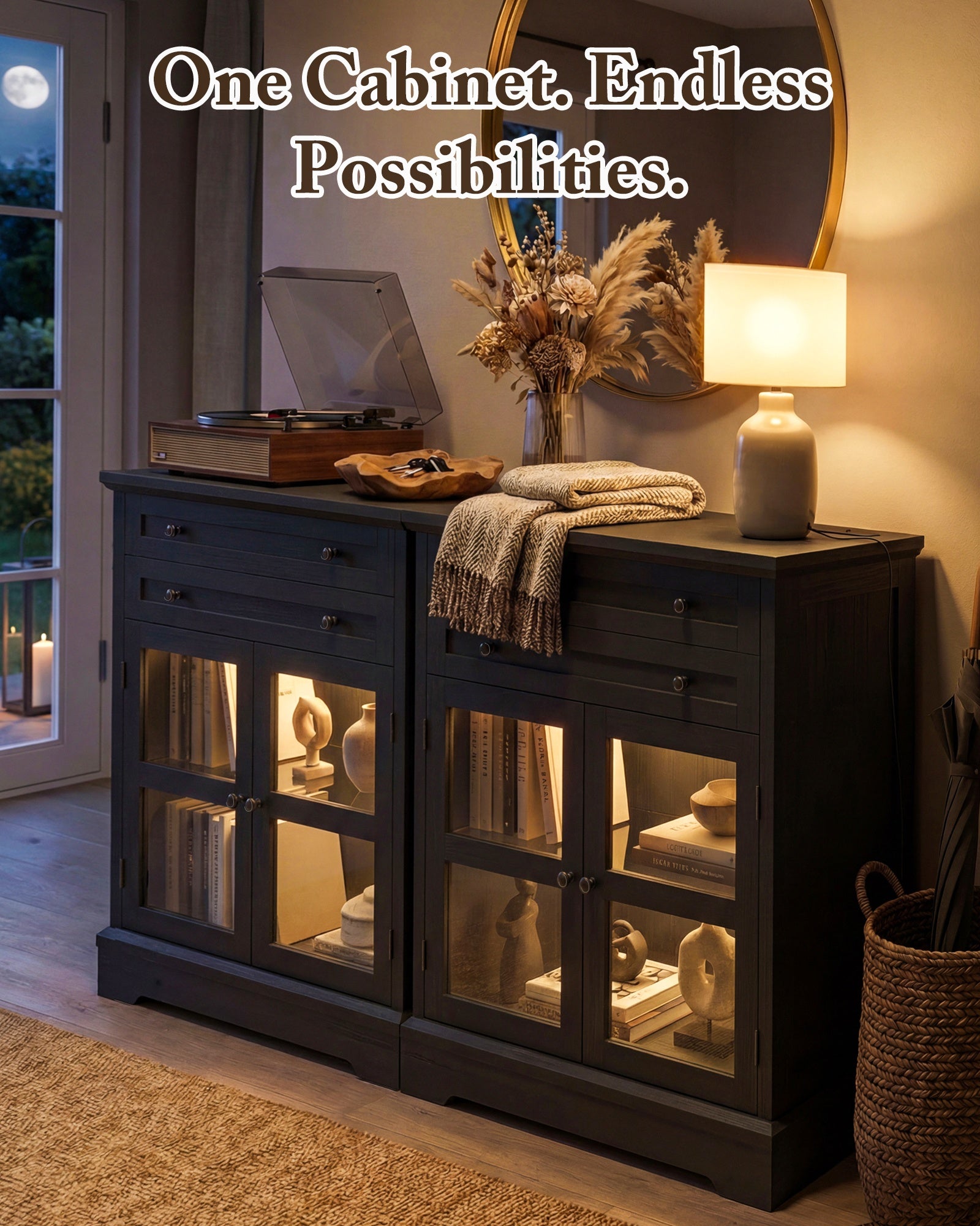 41" Tall Buffet Cabinet with Storage, Modern Farmhouse Sideboard Coffee Bar Cabinet with Built-in Power Outlets & RGB LED Lights, Small Kitchen Accent Cabinet with Glass Doors, 31.5" W, Black