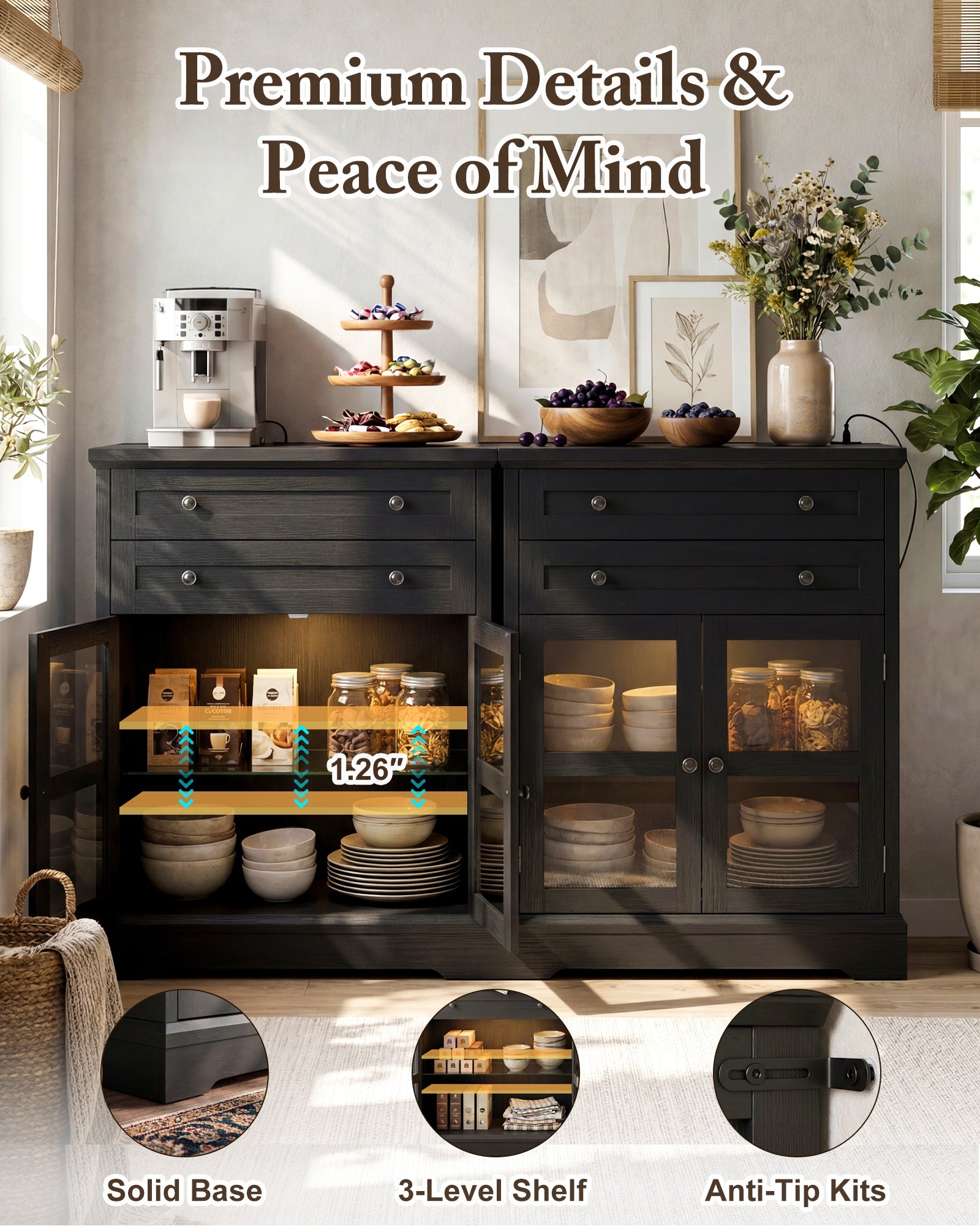 41" Tall Buffet Cabinet with Storage, Modern Farmhouse Sideboard Coffee Bar Cabinet with Built-in Power Outlets & RGB LED Lights, Small Kitchen Accent Cabinet with Glass Doors, 31.5" W, Black