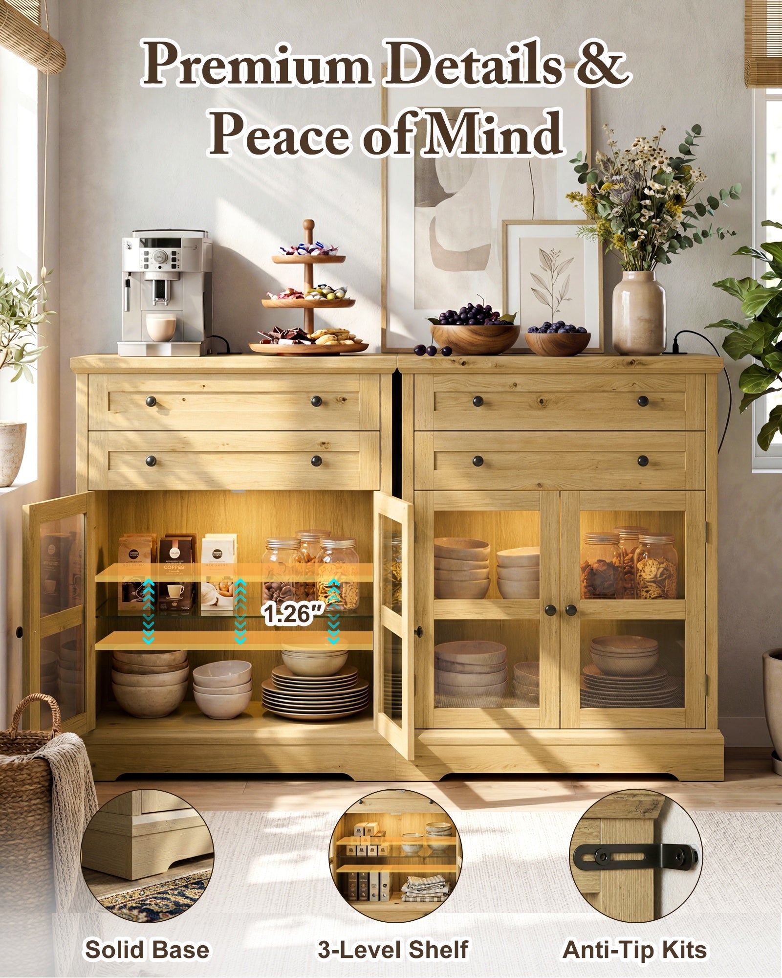41" Tall Buffet Cabinet with Storage, Modern Farmhouse Sideboard Coffee Bar Cabinet with Built-in Power Outlets & RGB LED Lights, Small Kitchen Accent Cabinet with Glass Doors, 31.5" W, Black