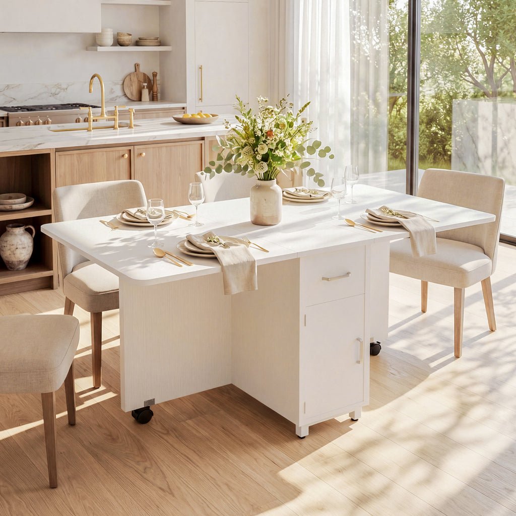 Folding Dining Table, Drop Leaf Convertible Kitchen Table for Small Spaces, Wooden Expandable Dinner Table with 1 Drawer & 2-Tier Storage Shelves, 3 Modes Multi-Use, White