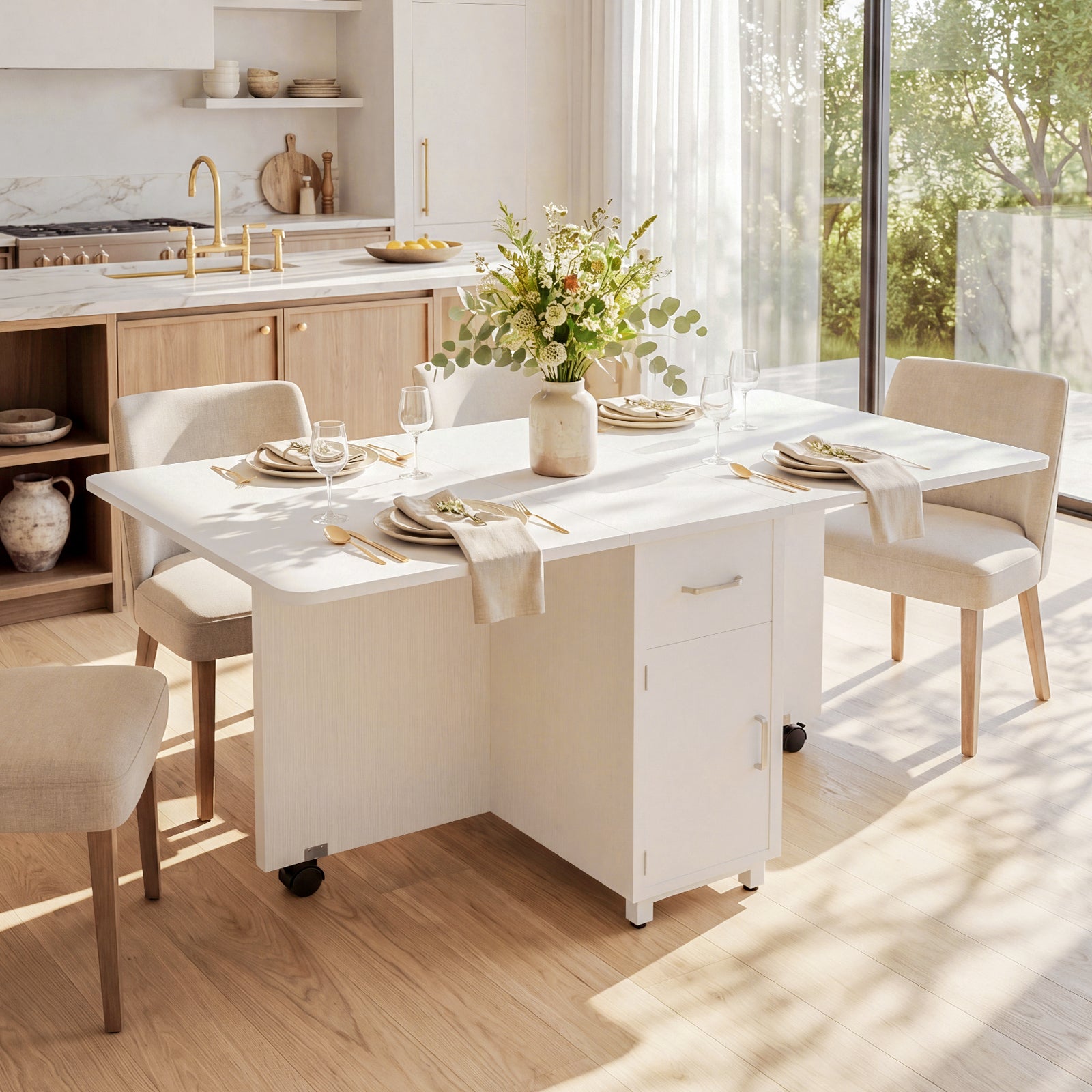 Folding Dining Table, Drop Leaf Convertible Kitchen Table for Small Spaces, Wooden Expandable Dinner Table with 1 Drawer & 2-Tier Storage Shelves, 3 Modes Multi-Use, White