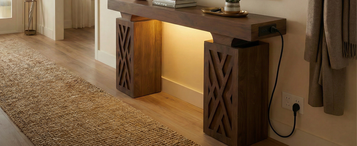 63-Inch Console Table with RGB LED Lights & Charging Station | Farmhouse Entryway Table with Geometric Base, Solid Wood-Grain Sofa Table Behind Couch, Accent Table for Hallway, Cracked Oak