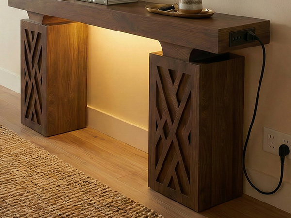 63-Inch Console Table with RGB LED Lights & Charging Station | Farmhouse Entryway Table with Geometric Base, Solid Wood-Grain Sofa Table Behind Couch, Accent Table for Hallway, Cracked Oak