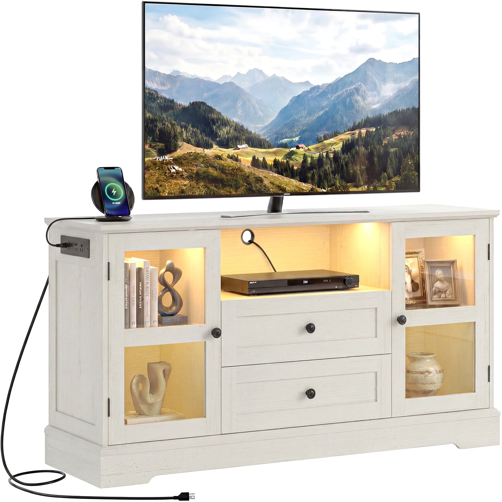 55 Inch TV Stand for TVs up to 60", Entertainment Center with 2 Large Storage Drawers & RGB Lights, Wood Media Console Table with Hidden Power Outlets and Tempered Glass Doors,Black