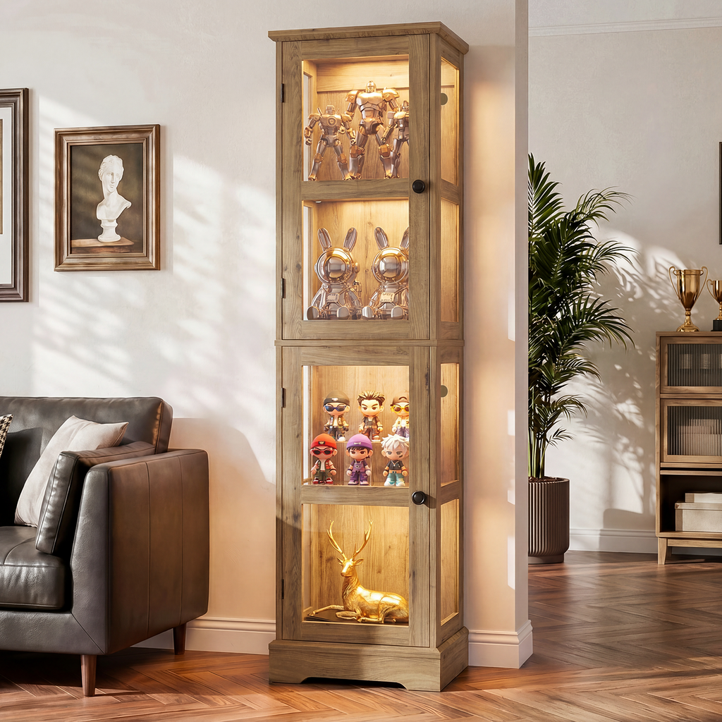 68.31" Tall 4-Tier Glass Display Cabinet with RGB LED Lights, Narrow Tall Curio Cabinet with Reversible Glass Door & Adjustable Shelves, Wood Display Case for Collectibles Living Room