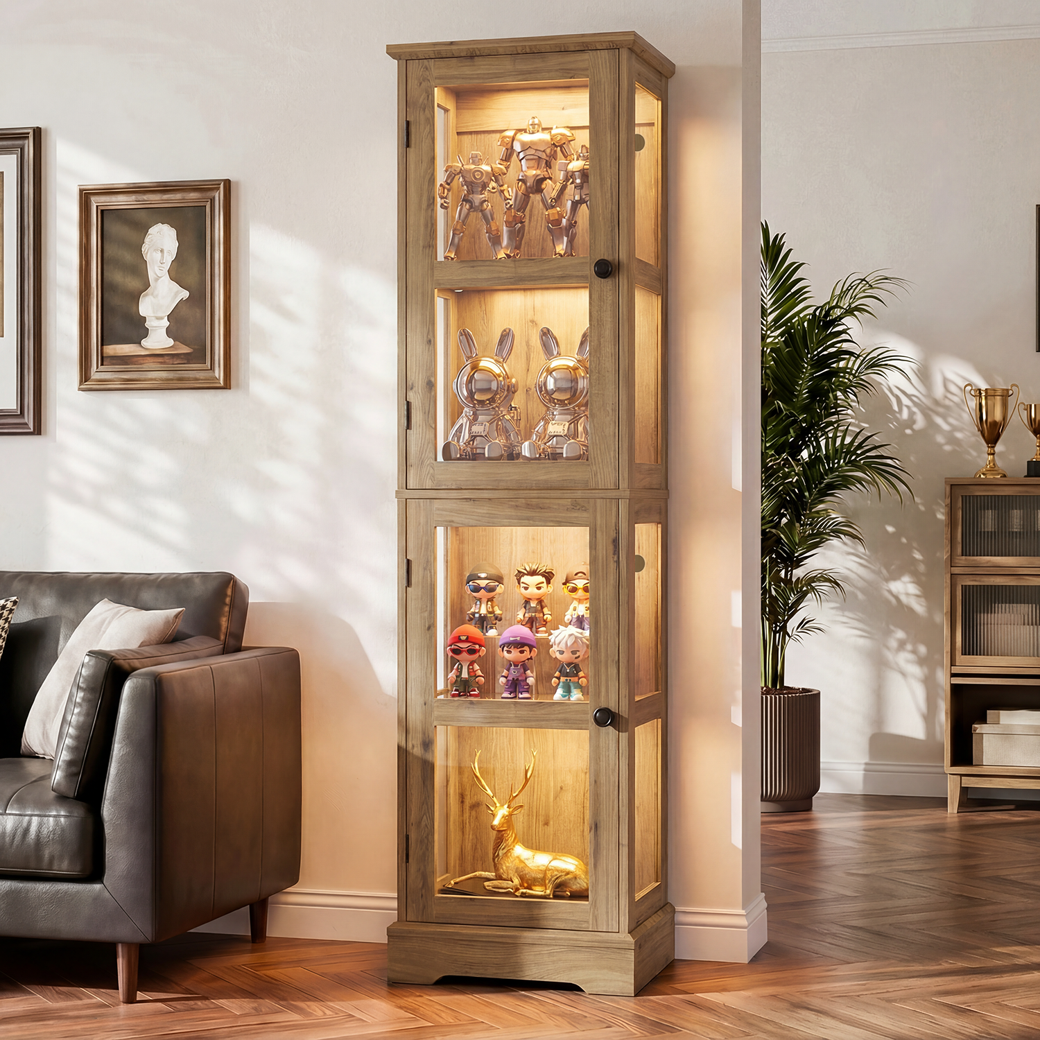 68.31" Tall 4-Tier Glass Display Cabinet with RGB LED Lights, Narrow Tall Curio Cabinet with Reversible Glass Door & Adjustable Shelves, Wood Display Case for Collectibles Living Room