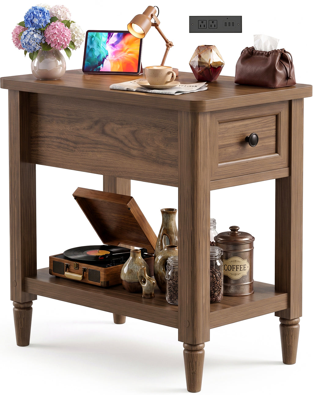 Narrow Side Table with Charging Station, Farmhouse Slim End Table,14" W Couch Bedside Table with Storage Drawer & Shelf, Space Saving Nightstand for Living Room Bedroom