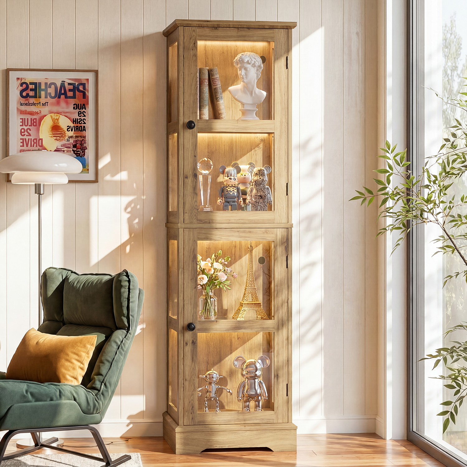 68.3" Tall Storage Cabinet with Glass Doors, Narrow Freestanding Floor Cabinet with Adjustable Shelves, RGB Lights & Reversible Door, Display Organizer for Living Room, Kitchen
