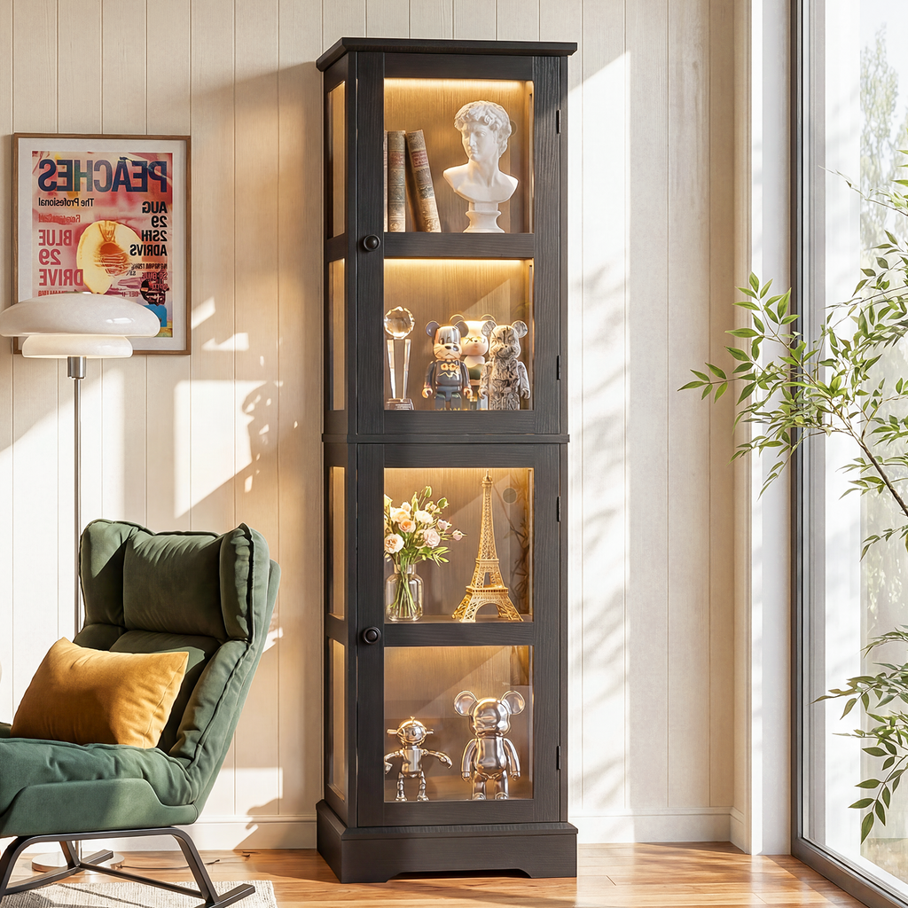 68" Glass Display Cabinet with RGB LED Lights, Narrow Tall Curio Cabinet with Reversible Glass Door