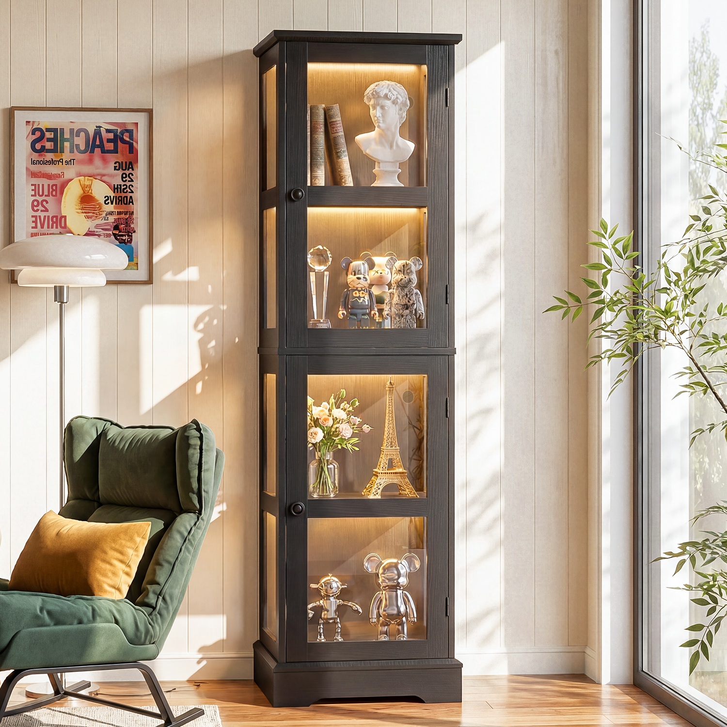 68" Glass Display Cabinet with RGB LED Lights, Narrow Tall Curio Cabinet with Reversible Glass Door