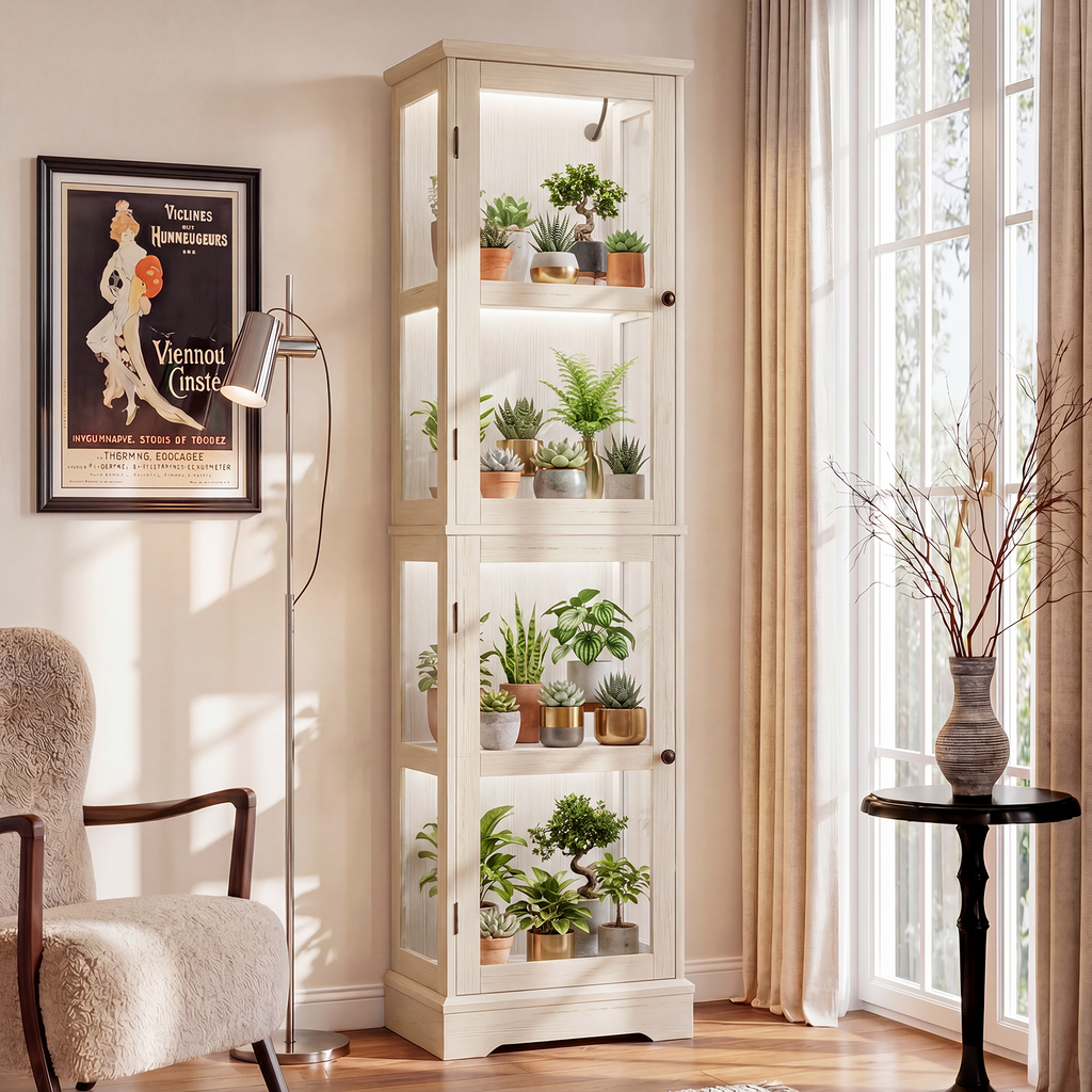 68" Glass Display Cabinet with RGB LED Lights, Narrow Tall Curio Cabinet with Reversible Glass Door
