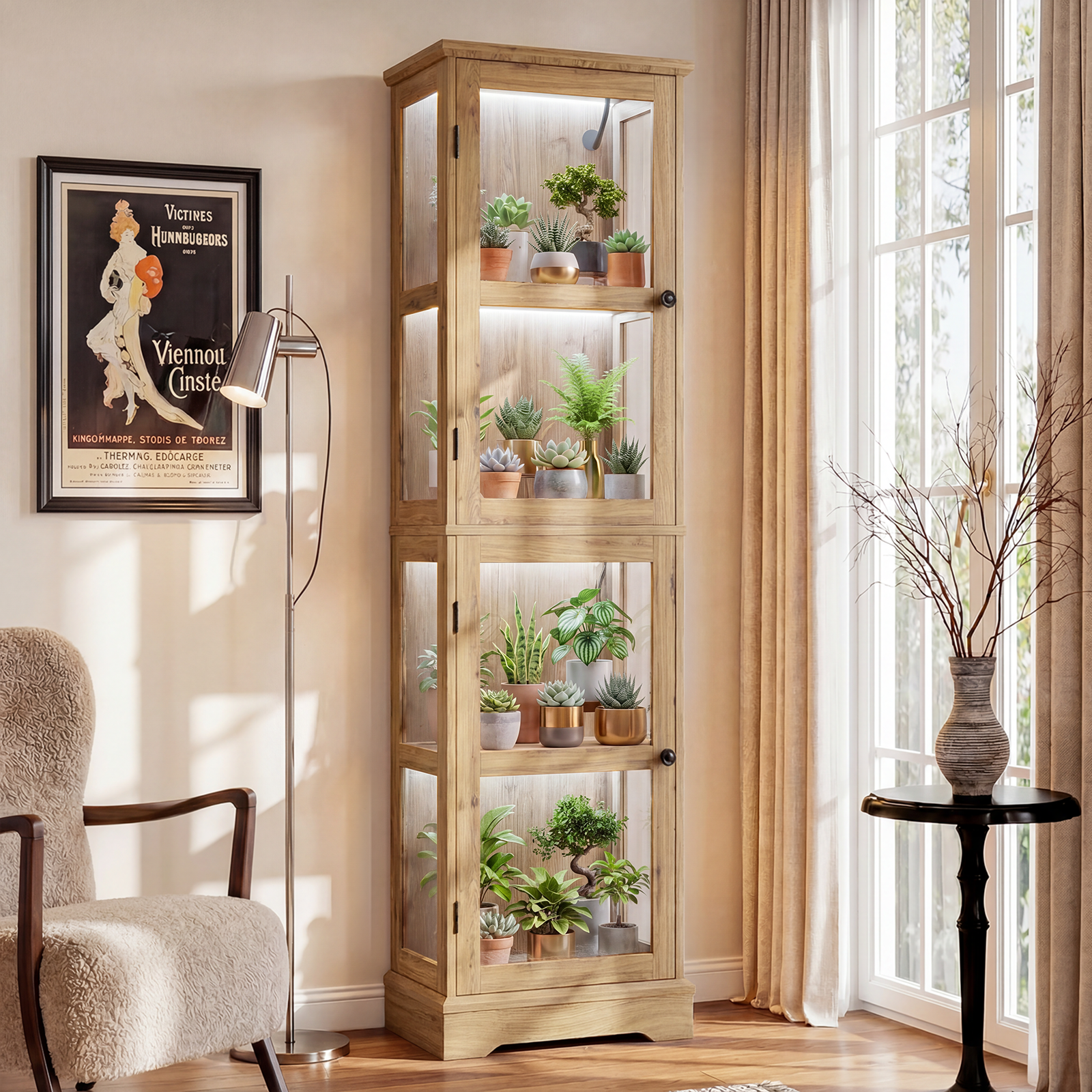 68" Glass Display Cabinet with RGB LED Lights, Narrow Tall Curio Cabinet with Reversible Glass Door