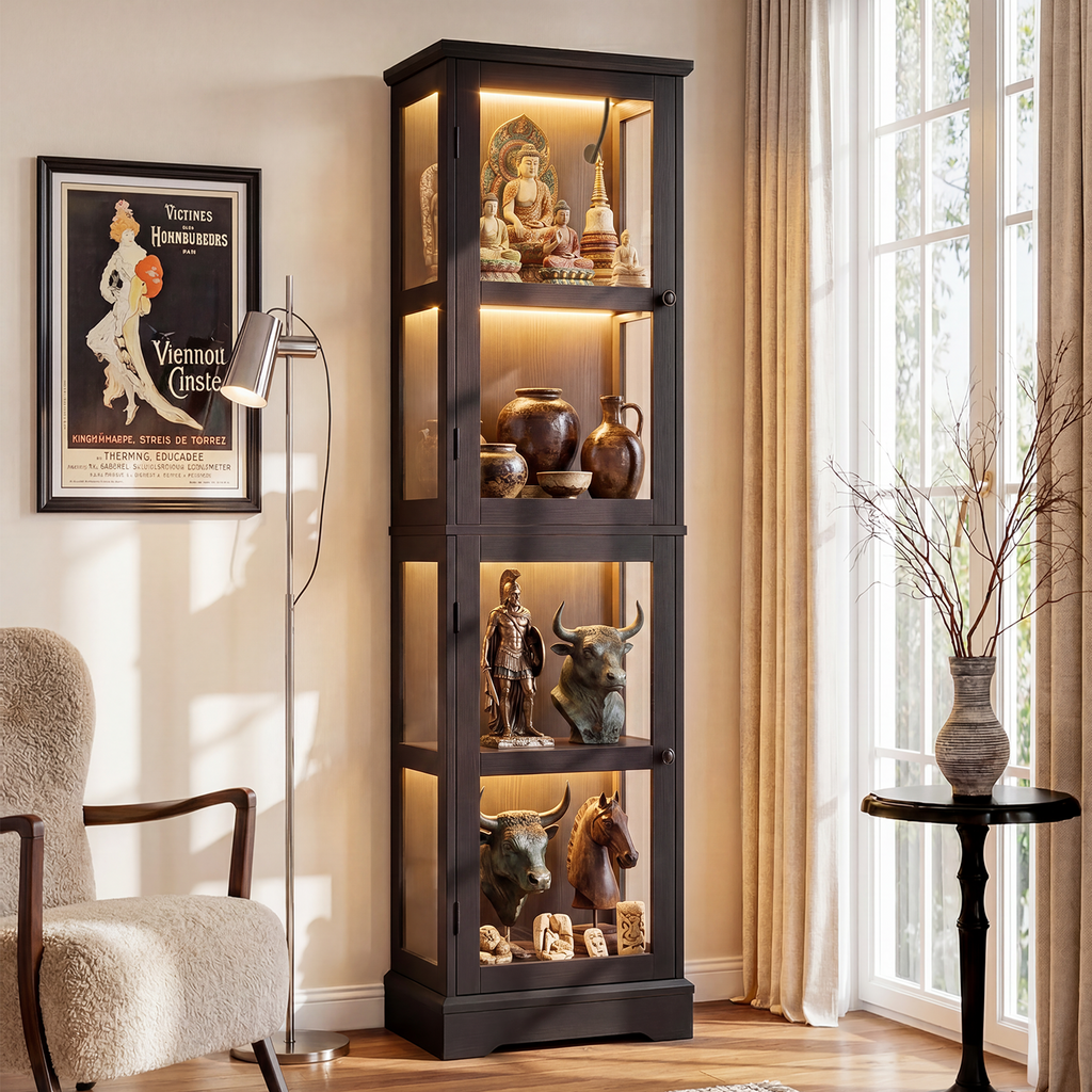68" Glass Display Cabinet with RGB LED Lights, Narrow Tall Curio Cabinet with Reversible Glass Door