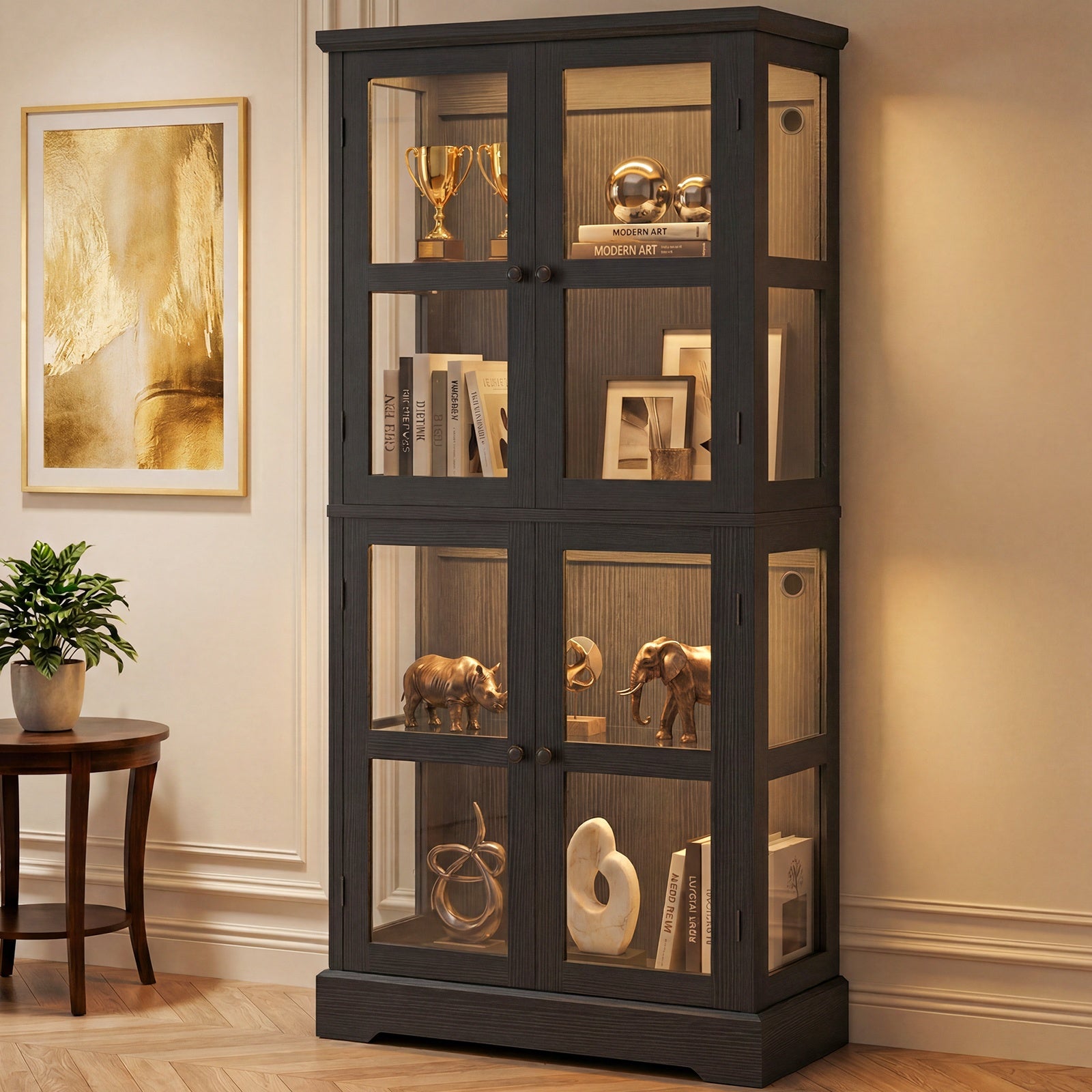 68" Tall Glass Display Cabinet with Doors, RGB Lights | 4-Tier Shelves, Sturdy Curio Cabinet with Adjustable Shelves Display Case for Collectibles, Figures, Books