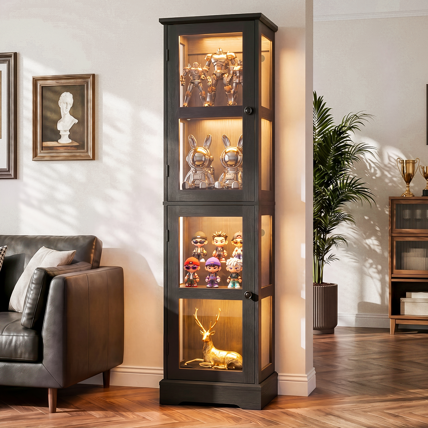 68.31" Tall 4-Tier Glass Display Cabinet with RGB LED Lights, Narrow Tall Curio Cabinet with Reversible Glass Door & Adjustable Shelves, Wood Display Case for Collectibles Living Room