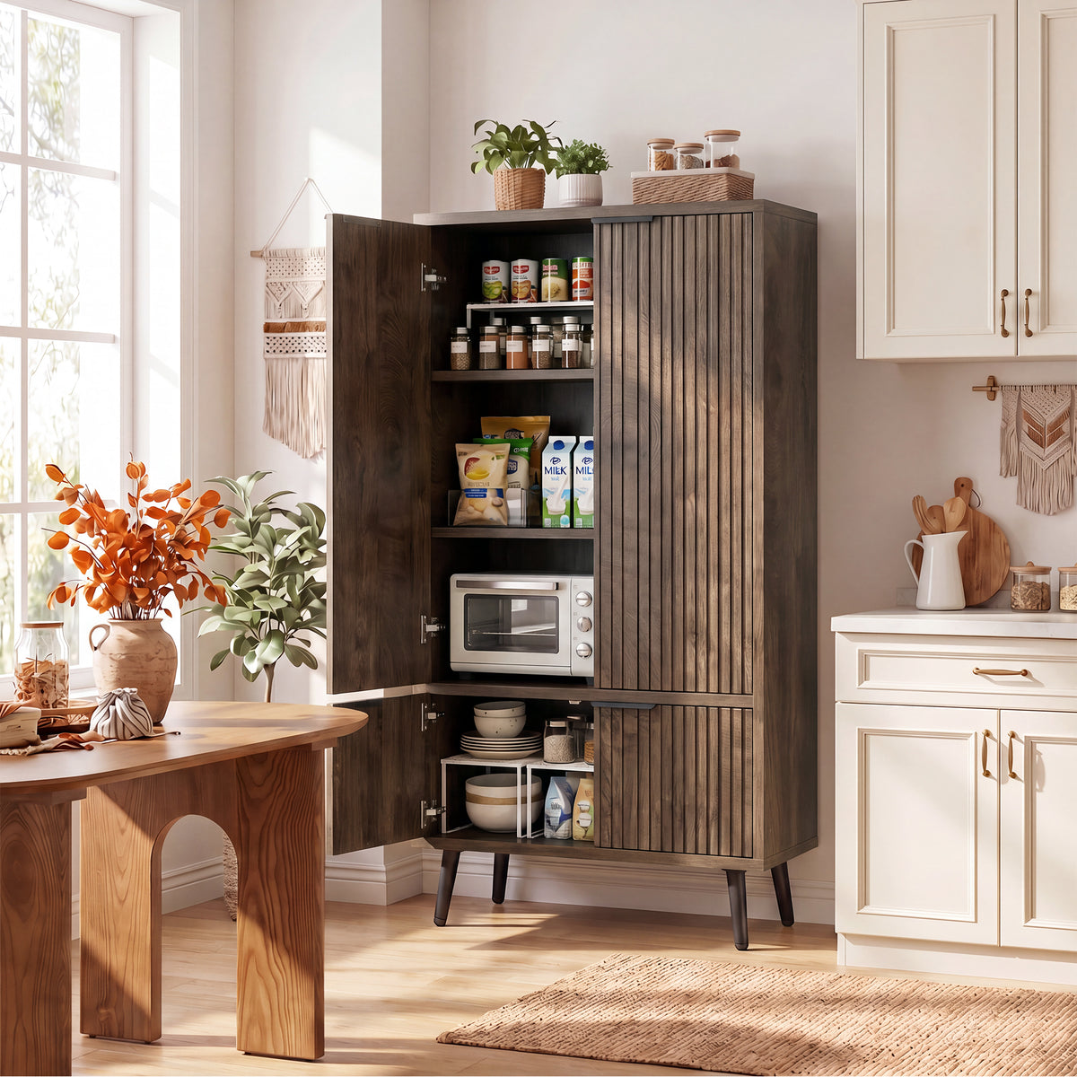 Bathroom Storage Cabinet, 51.2" H Freestanding Pantry Cabinet with 4 Doors, Adjustable Shelf & Raised Legs for Bathroom, Kitchen, Living Room, White