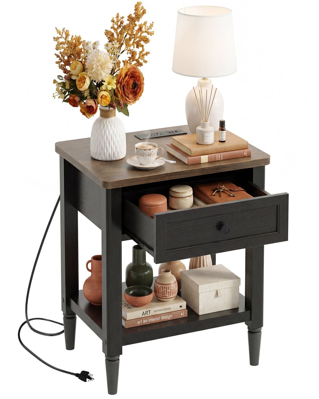 Farmhouse Nightstand with Charging Station, End Table with 2 AC Outlets & 3 USB Ports, Bedside & Sofa Side Power Hub, 19"x16"x24" Small Side Table with Drawer & Storage Shelf, 75lbs Capacity