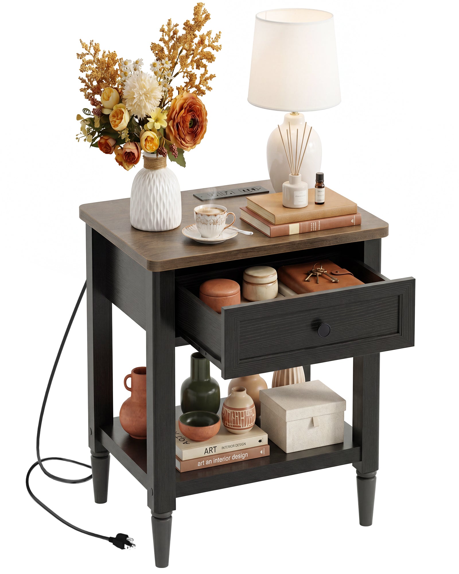 Farmhouse Nightstand with Charging Station, End Table with 2 AC Outlets & 3 USB Ports, Bedside & Sofa Side Power Hub, 19"x16"x24" Small Side Table with Drawer & Storage Shelf, 75lbs Capacity