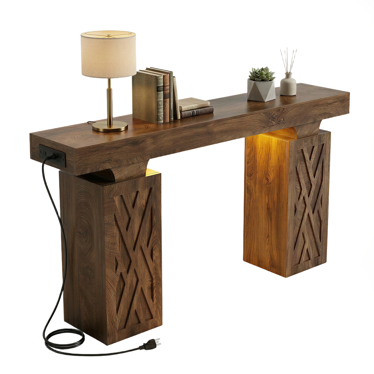 63-Inch Console Table with RGB LED Lights & Charging Station | Farmhouse Entryway Table with Geometric Base, Solid Wood-Grain Sofa Table Behind Couch, Accent Table for Hallway, Cracked Oak