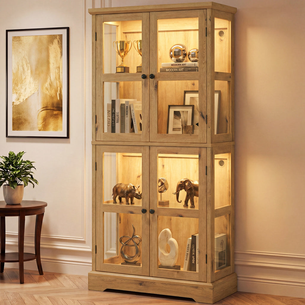 68" Tall Glass Display Cabinet with Doors, RGB Lights | 4-Tier Shelves, Sturdy Curio Cabinet with Adjustable Shelves Display Case for Collectibles, Figures, Books