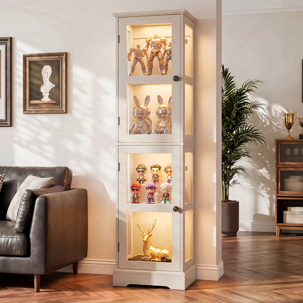 68.31" Tall 4-Tier Glass Display Cabinet with RGB LED Lights, Narrow Tall Curio Cabinet with Reversible Glass Door & Adjustable Shelves, Wood Display Case for Collectibles Living Room