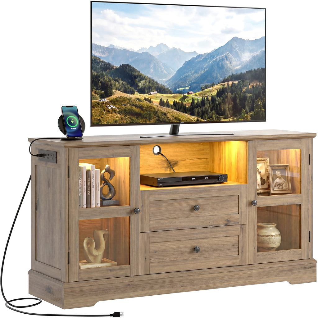 55 Inch TV Stand for TVs up to 60", Entertainment Center with 2 Large Storage Drawers & RGB Lights, Wood Media Console Table with Hidden Power Outlets and Tempered Glass Doors,Black