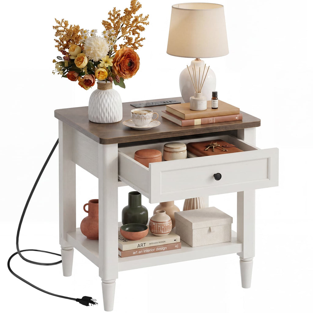 Farmhouse Nightstand with Charging Station, End Table with 2 AC Outlets & 3 USB Ports, Bedside & Sofa Side Power Hub, 19"x16"x24" Small Side Table with Drawer & Storage Shelf, 75lbs Capacity