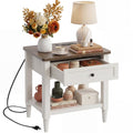 Farmhouse Nightstand with Charging Station, End Table with 2 AC Outlets & 3 USB Ports, Bedside & Sofa Side Power Hub, 19"x16"x24" Small Side Table with Drawer & Storage Shelf, 75lbs Capacity