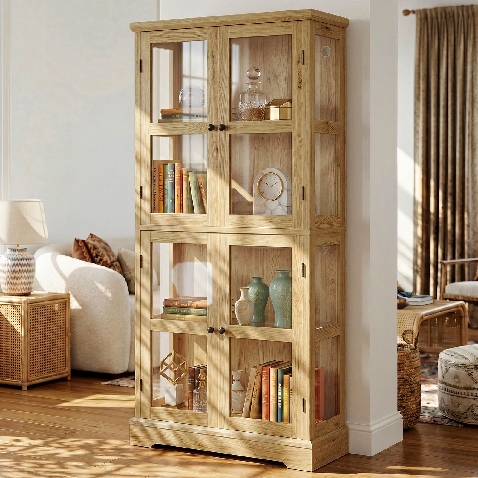 68"LED Bookcase with Glass Doors,Glass Door Bookcase Display Cabinet,Rustic White Bookshelf with Storage Shelves for Books,Collectibles, Decor,Curio Display Bookcase for Living Room,Anti-Tip Furniture