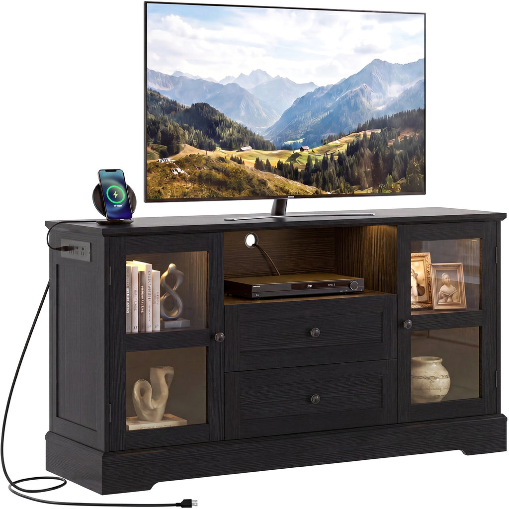 55 Inch TV Stand for TVs up to 60", Entertainment Center with 2 Large Storage Drawers & RGB Lights, Wood Media Console Table with Hidden Power Outlets and Tempered Glass Doors,Black