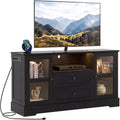 55 Inch TV Stand for TVs up to 60", Entertainment Center with 2 Large Storage Drawers & RGB Lights, Wood Media Console Table with Hidden Power Outlets and Tempered Glass Doors,Black