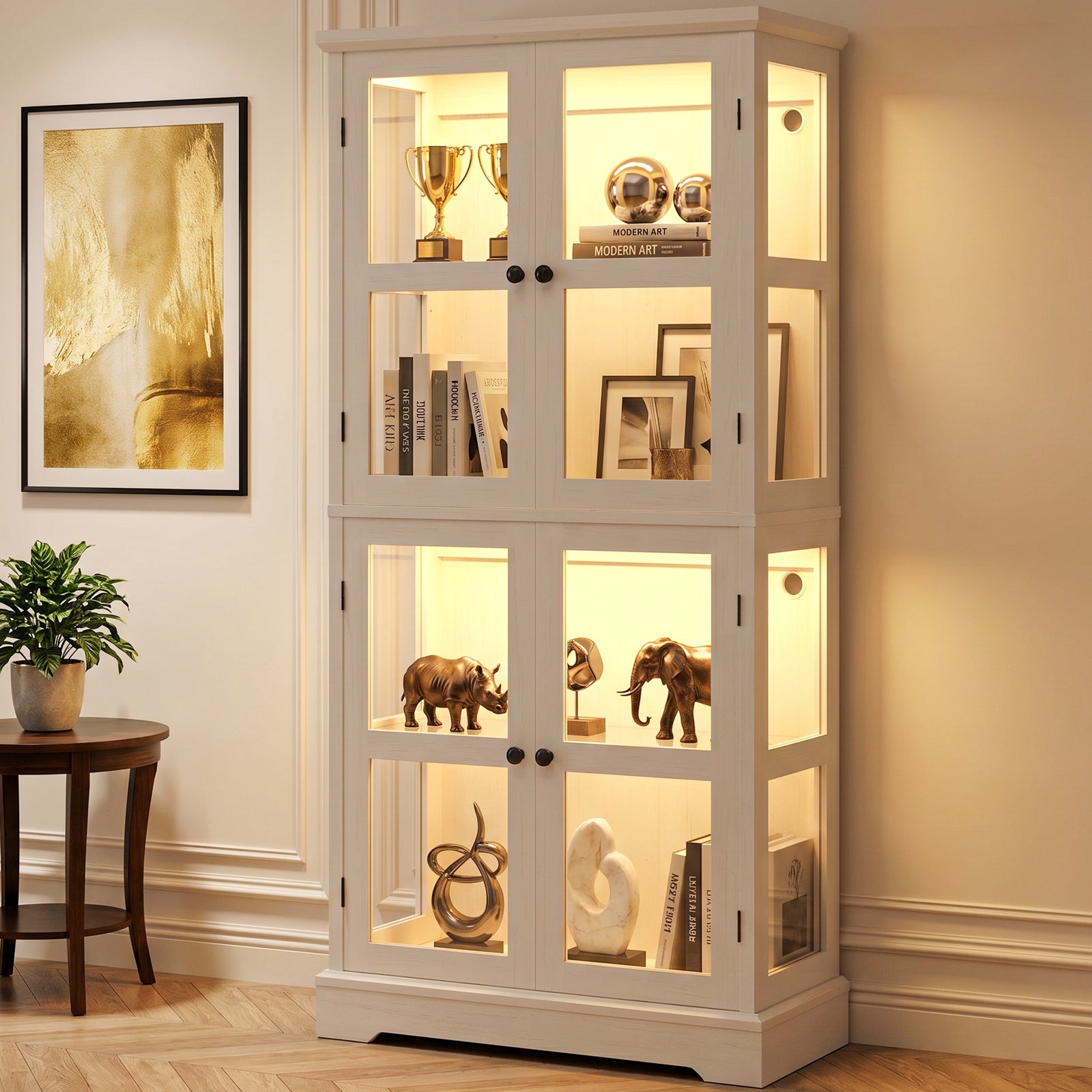 68" Tall Glass Display Cabinet with Doors, RGB Lights | 4-Tier Shelves, Sturdy Curio Cabinet with Adjustable Shelves Display Case for Collectibles, Figures, Books