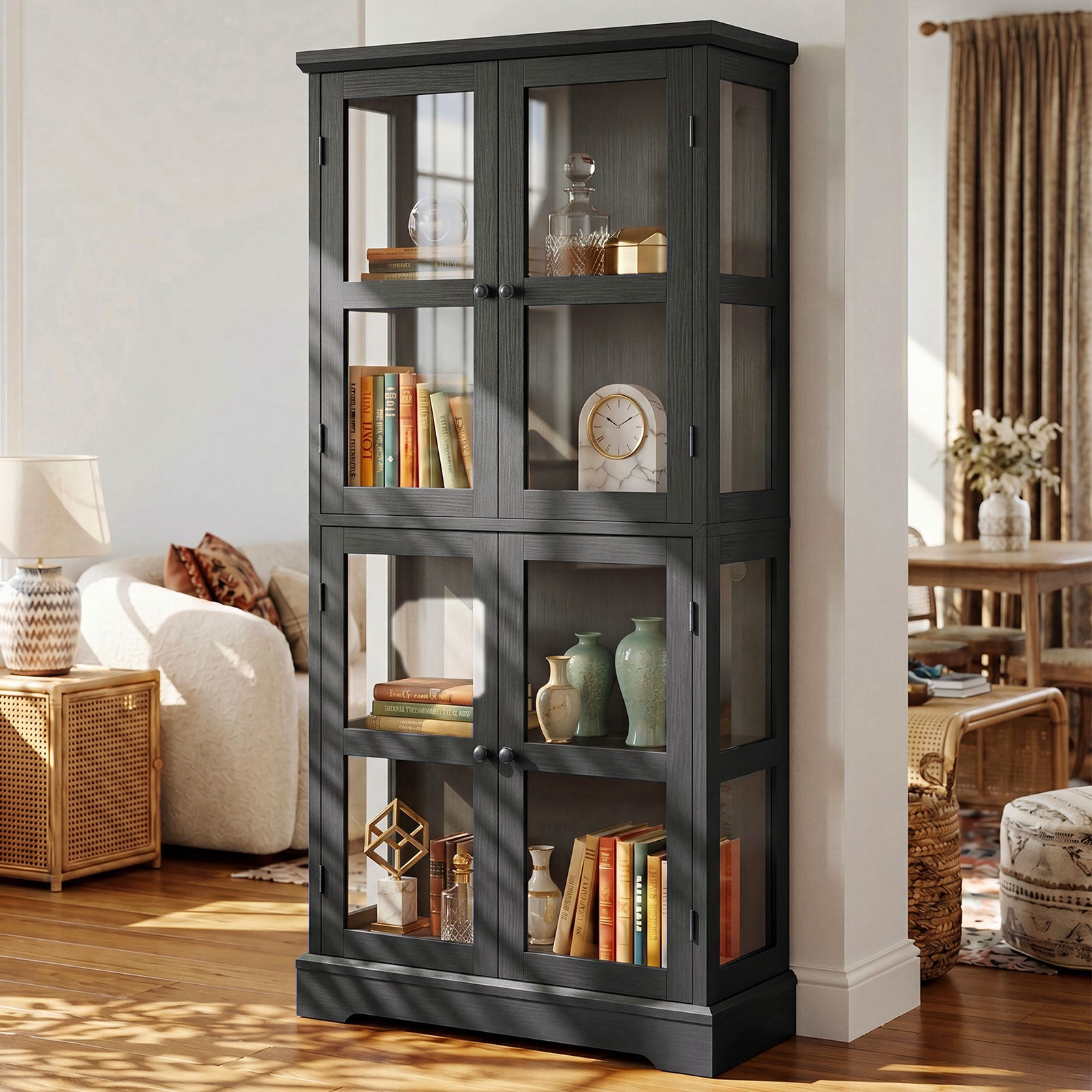 68"LED Bookcase with Glass Doors,Glass Door Bookcase Display Cabinet,Rustic White Bookshelf with Storage Shelves for Books,Collectibles, Decor,Curio Display Bookcase for Living Room,Anti-Tip Furniture