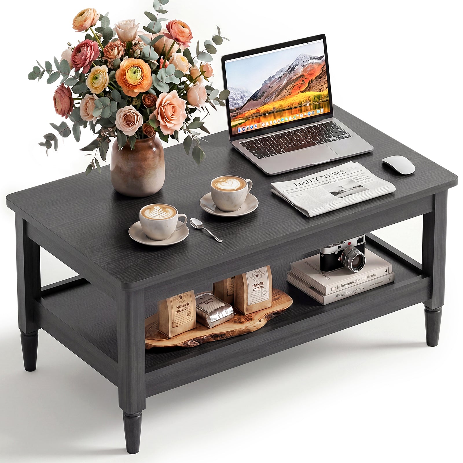 40" Farmhouse Coffee Table for Living Room, 2-Tier Rectangular Center Table with Open Storage Shelf, 300 lb Capacity, Rounded Corners, Robot Vacuum-Friendly Base