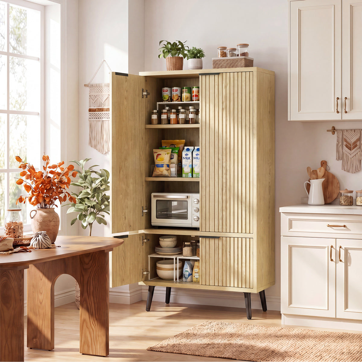 Bathroom Storage Cabinet, 51.2" H Freestanding Pantry Cabinet with 4 Doors, Adjustable Shelf & Raised Legs for Bathroom, Kitchen, Living Room, White