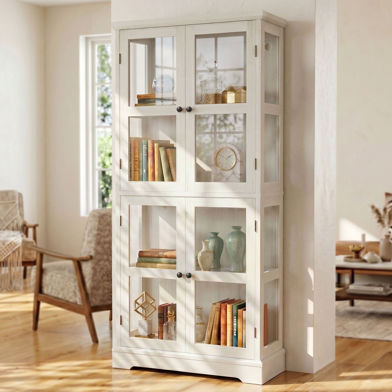68"LED Bookcase with Glass Doors,Glass Door Bookcase Display Cabinet,Rustic White Bookshelf with Storage Shelves for Books,Collectibles, Decor,Curio Display Bookcase for Living Room,Anti-Tip Furniture