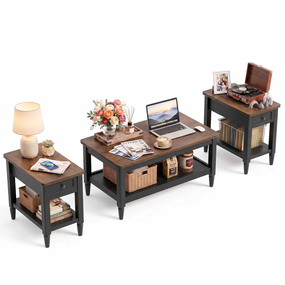 Farmhouse Coffee Table and End Table Set of 3, 40" Coffee Table with Storage & 2 End Tables with Charging Station, Living Room Table Set