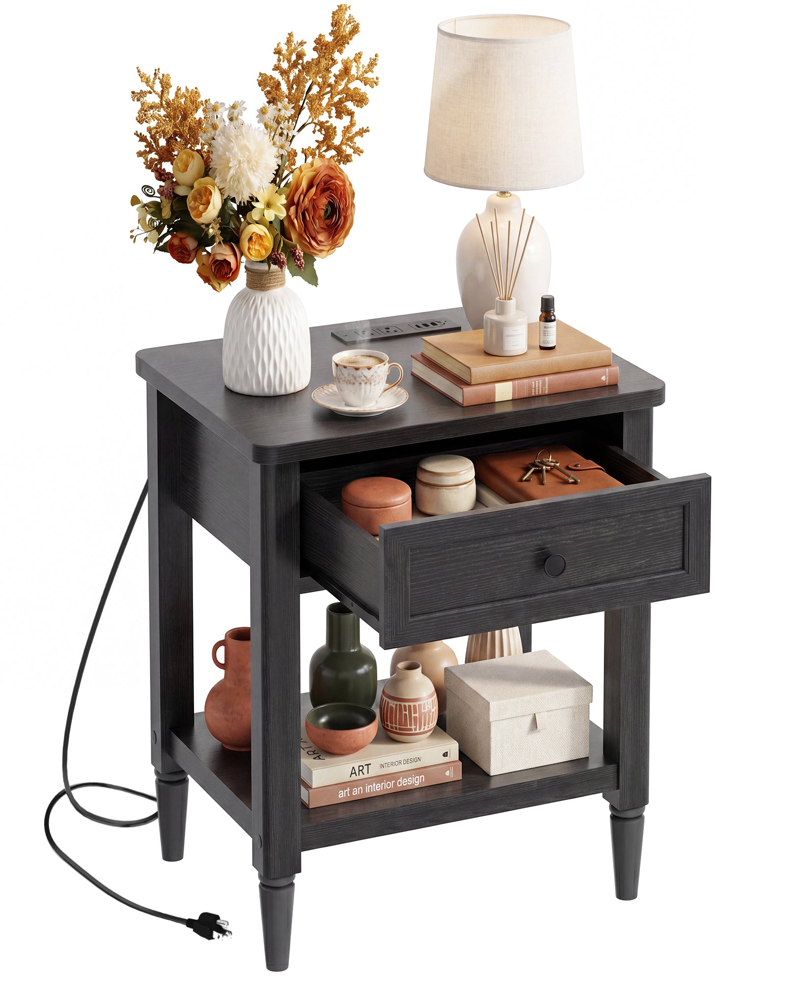 Farmhouse Nightstand with Charging Station, End Table with 2 AC Outlets & 3 USB Ports, Bedside & Sofa Side Power Hub, 19"x16"x24" Small Side Table with Drawer & Storage Shelf, 75lbs Capacity