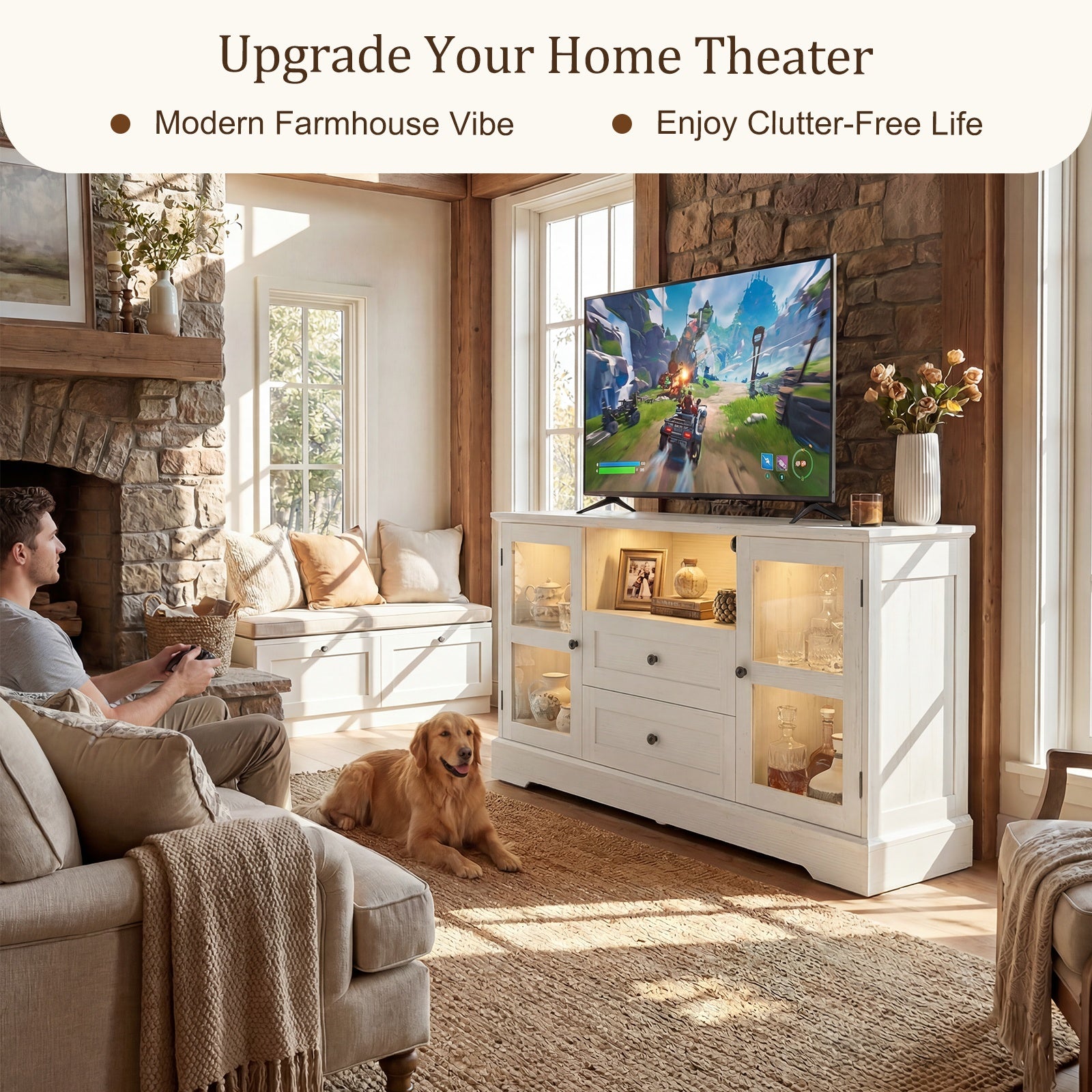 55 Inch TV Stand for TVs up to 60", Entertainment Center with 2 Large Storage Drawers & RGB Lights, Wood Media Console Table with Hidden Power Outlets and Tempered Glass Doors,Black