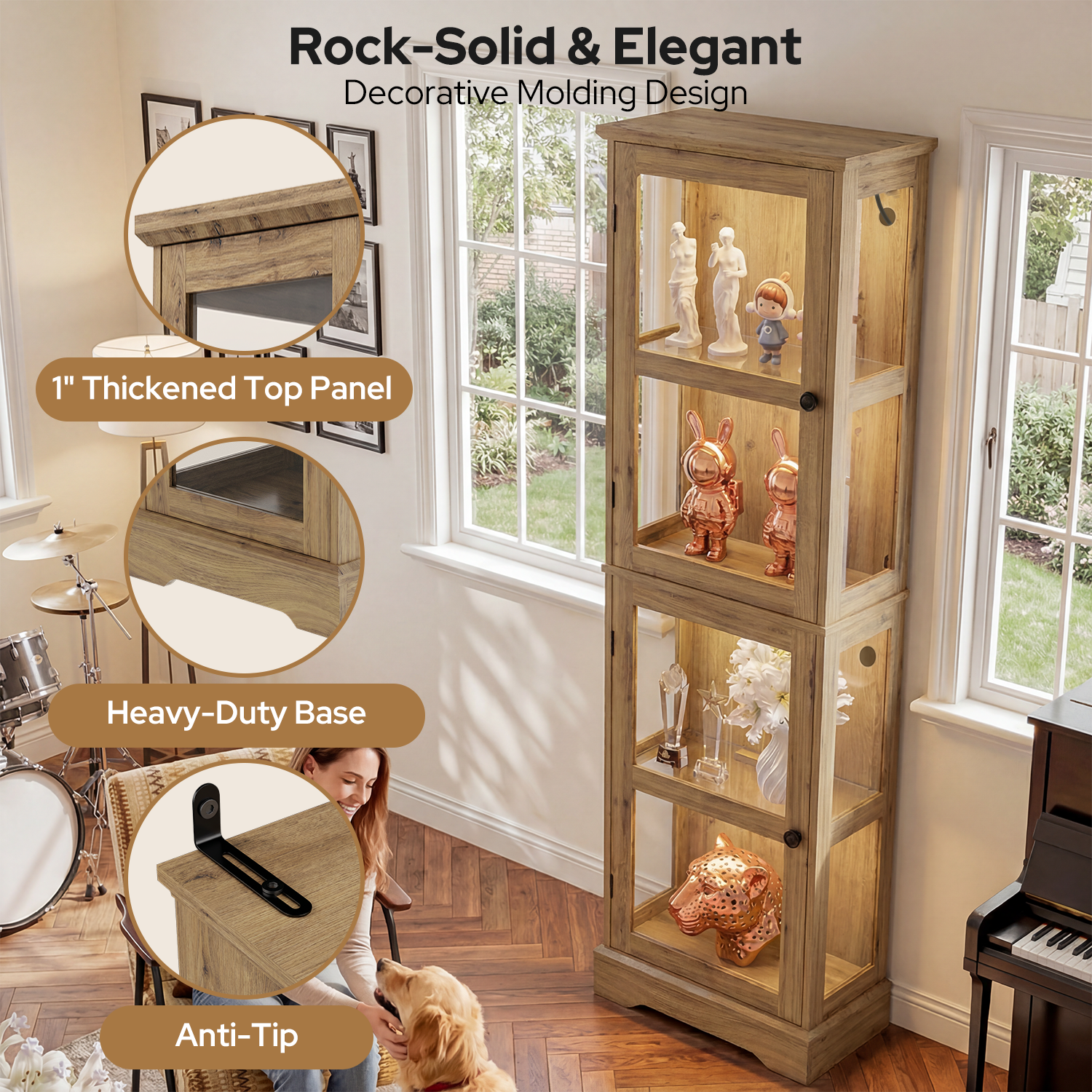 68.31" Tall 4-Tier Glass Display Cabinet with RGB LED Lights, Narrow Tall Curio Cabinet with Reversible Glass Door & Adjustable Shelves, Wood Display Case for Collectibles Living Room