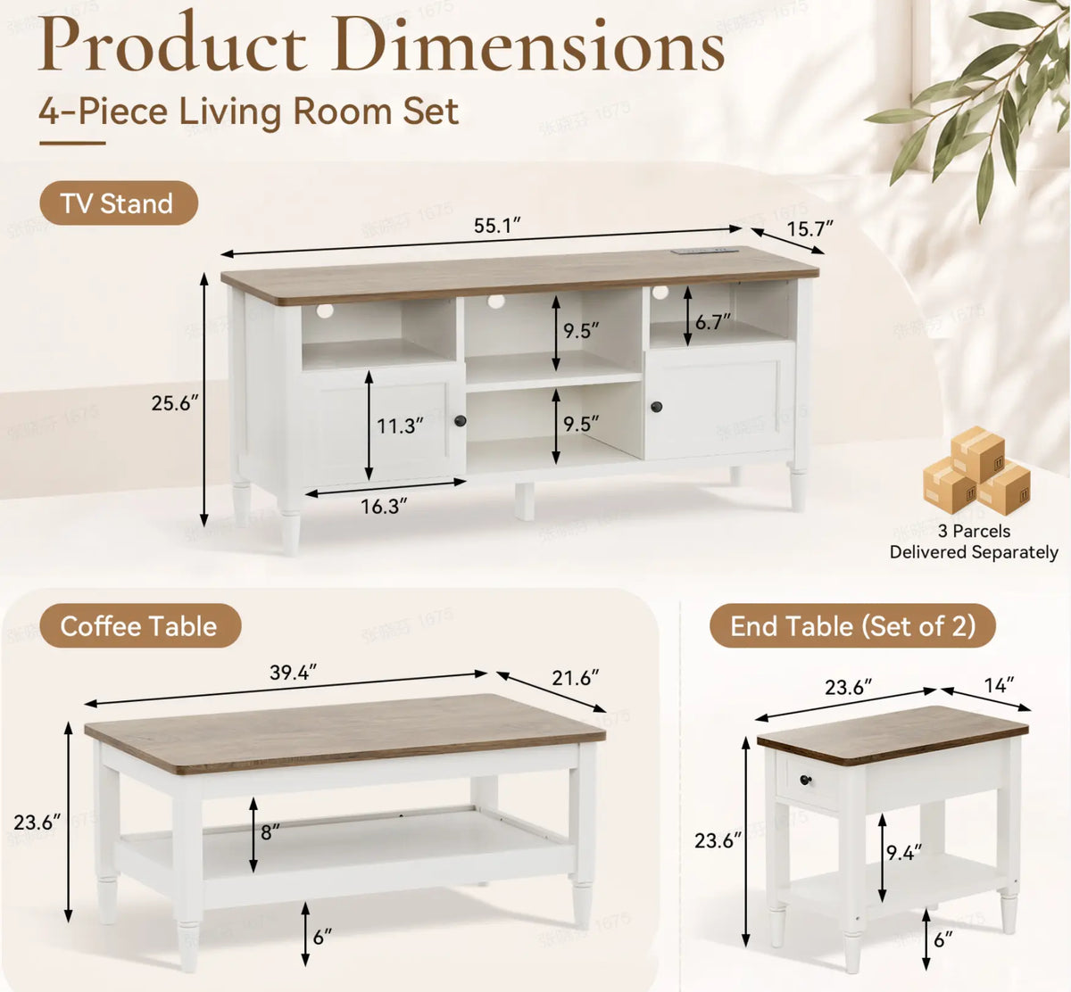 4 Piece Farmhouse Living Room Furniture Set, 55" TV Stand for TVs Up to 65", 40" Coffee Table & 2 Narrow Side Tables with Charging Stations, Living Room Table Set