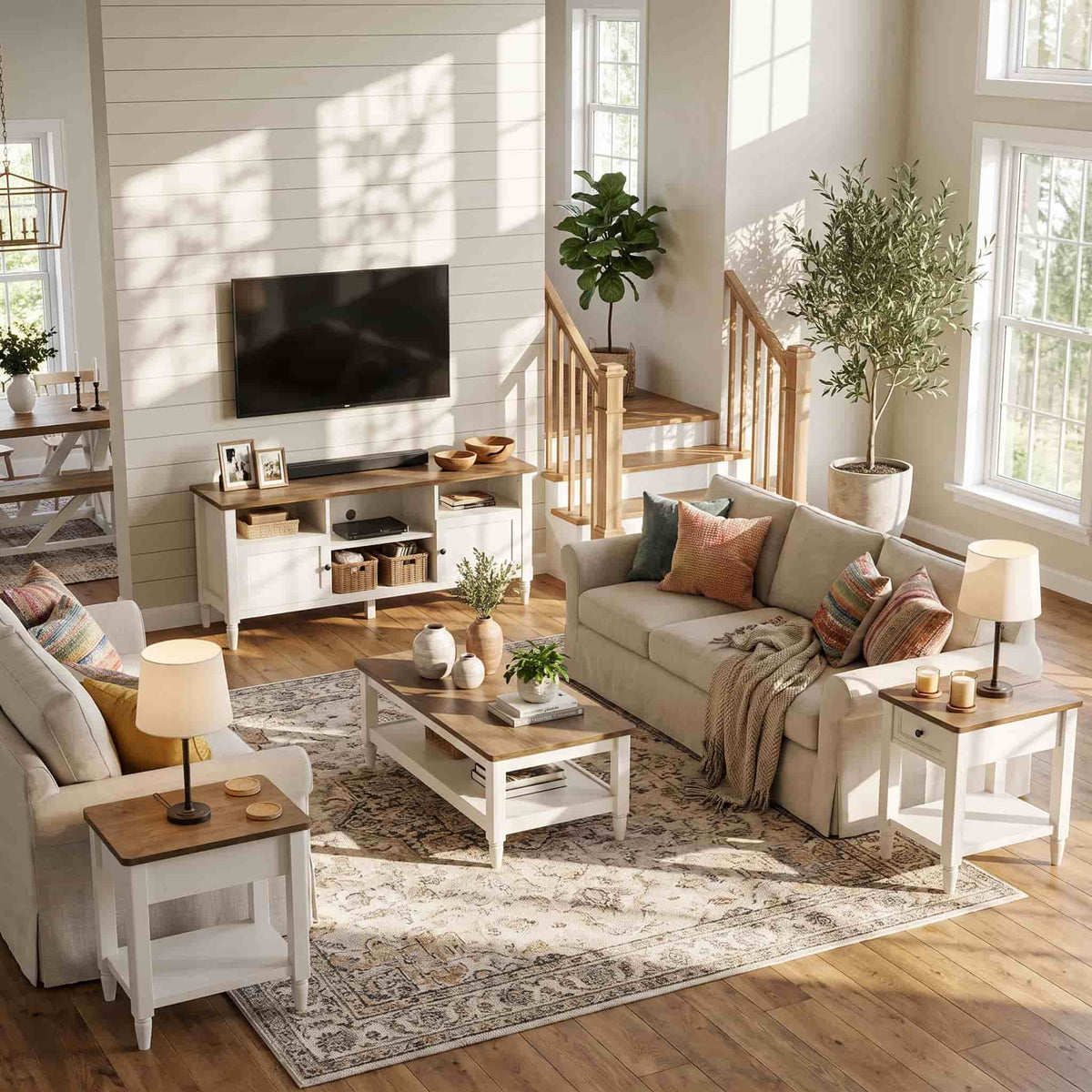 4 Piece Farmhouse Living Room Furniture Set, 55" TV Stand for TVs Up to 65", 40" Coffee Table & 2 Narrow Side Tables with Charging Stations, Living Room Table Set